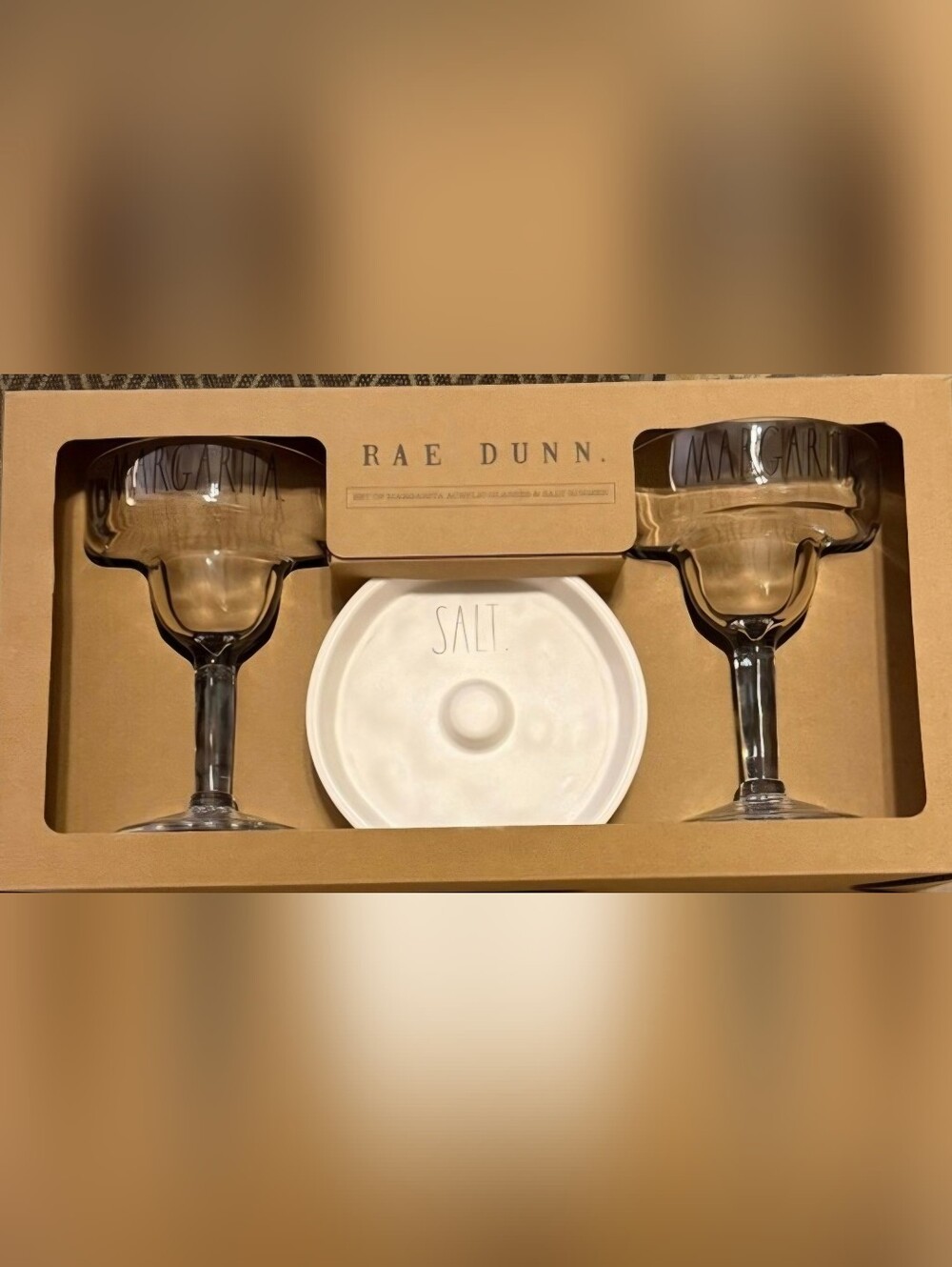 NIB Rae Dunn White Salt Dish with Two Clear Margarita Glasses